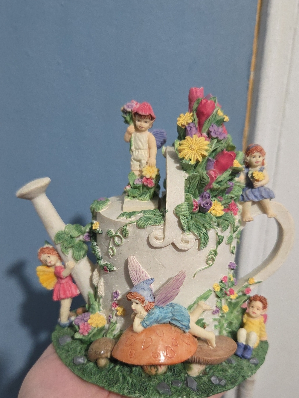Fairy Teapot Mushrooms Flowers Money Bank Holder 1995 Artisan Flair Inc 6"
